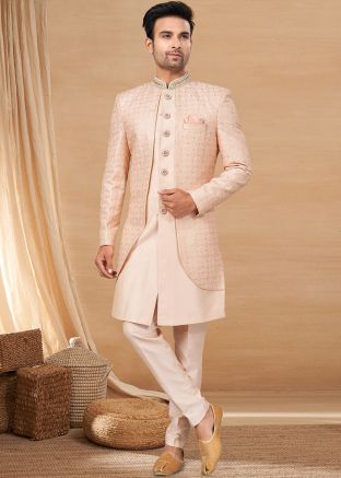 Peach Embroidered Jacket Style Indo Western Sherwani
