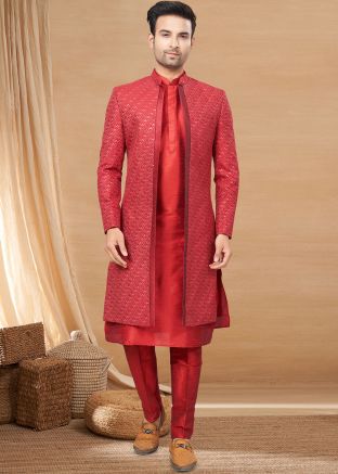 Red Embroidered Jacket Style Kurta Pajama In Art Silk