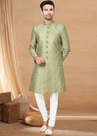 Green Embroidered Mens Indo Western Sherwani