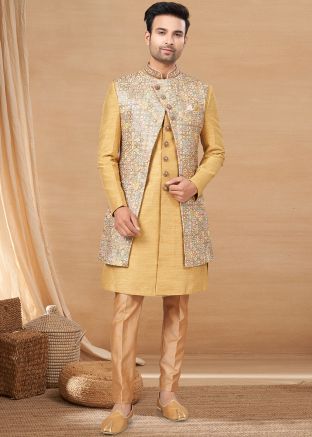 Mens Golden Jacket Style Indo Western Sherwani