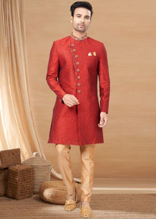 Red Mens Woven Indo Western Sherwani