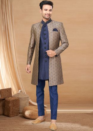 Navy Blue Embroidered Jacket Style Indo Western Sherwani