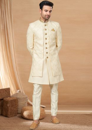 Mens Cream Embroidered Jacket Style Indo Western Sherwani