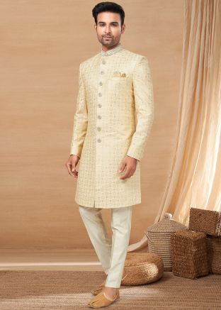 Mens Golden Embroidered Readymade Indo Western Sherwani