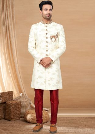 Cream Zari Woven Jacquard Indo Western Sherwani