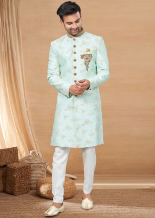 Green Zari Woven Mens Indo Western Sherwani