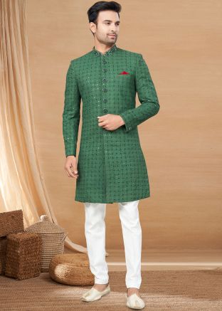 Green Embroidered Indo Western Sherwani For Men
