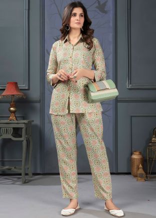 Digital Printed Readymade Co- Ord Set In Sage Green 