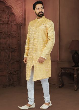 Yellow Woven Indo Western Sherwani Set