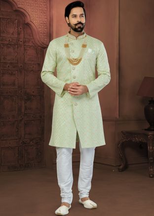 Green Embroidered Indo Western Sherwani Set
