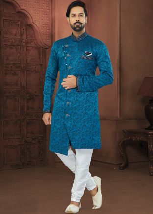 Blue Indo Western Sherwani Set In Woven Work