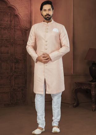 Peach Indo Western Sherwani Set In Jacquard
