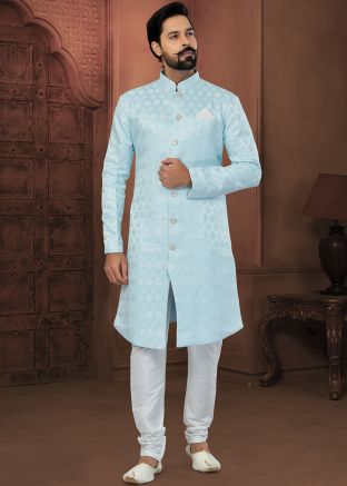 Blue Woven Indo Western Sherwani Set