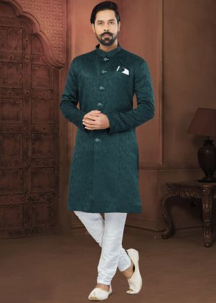 Green Indo Western Sherwani Set In Woven Work
