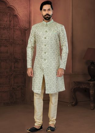 Green Indo Western Sherwani Set In Woven Work