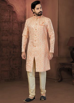 Orange Woven Mens Indo Western Sherwani Set