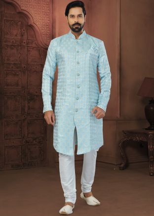 Blue Indo Western Sherwani Set In Woven Work
