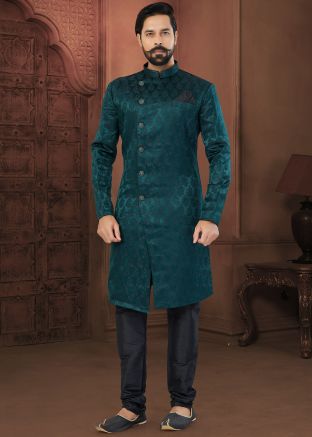 Green Indo Western Sherwani Set In Woven Work