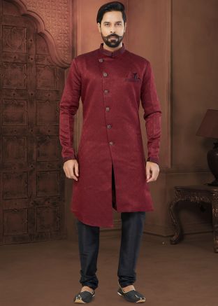 Maroon Indo Western Sherwani Set In Jacquard