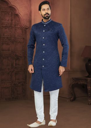 Blue Mens Woven Indo Western Sherwani Set