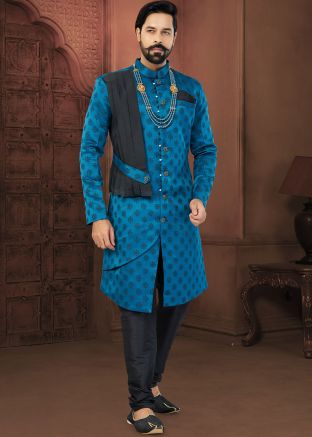 Blue Indo Western Sherwani Set In Woven Work
