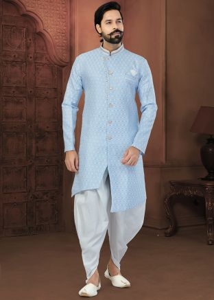 Blue Asymmetric Indo Western Sherwani Set 