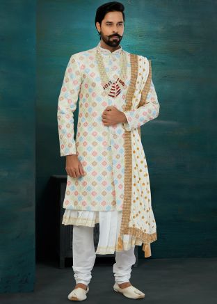 Cream Embroidered Indo Western Sherwani Set