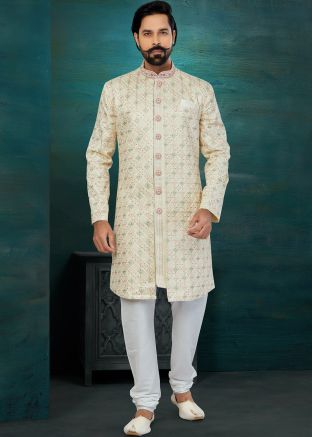 Cream Embroidered Indo Western Sherwani Set