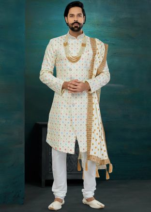 Cream Embroidered Indo Western Sherwani Set