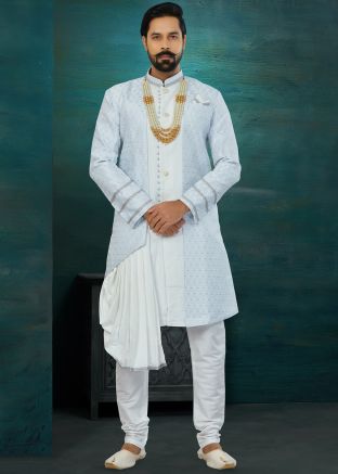Blue Jacquard Indo Western Sherwani Set