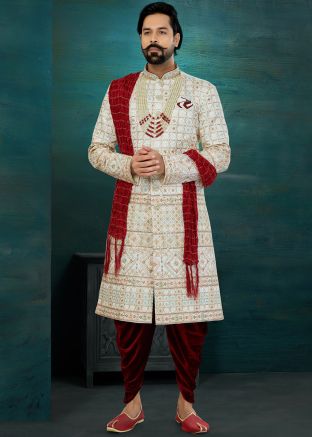 Cream Embroidered Indo Western Sherwani Set