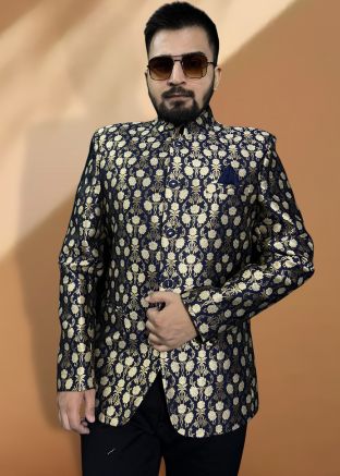 Navy Blue Zari Woven Bandhgala Jodhpuri Jacket