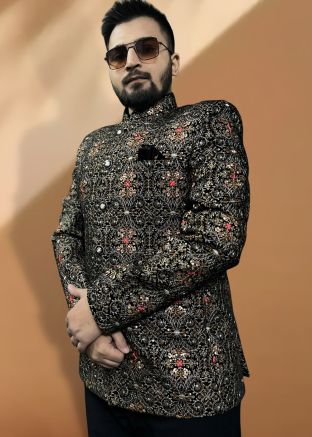 Black Embroidered Mens Bandhgala Jodhpuri Jacket