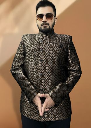 Black Woven Mens Bandhgala Jodhpuri Jacket