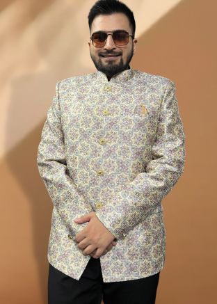 Mens Cream Embroidered Bandhgala Jodhpuri