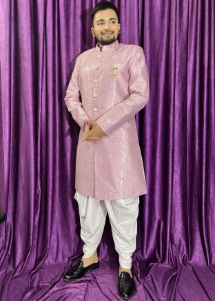 Pink Embroidered Indo Western Sherwani With Dhoti