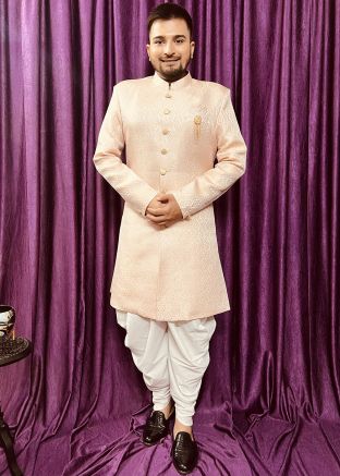 Peach Woven Indo Western Sherwani Set
