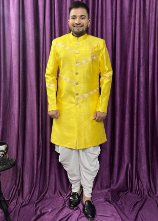 Yellow Embroidered Mens Indo Western Sherwani