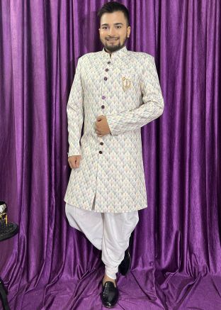 Cream Printed Indo Sherwani Set