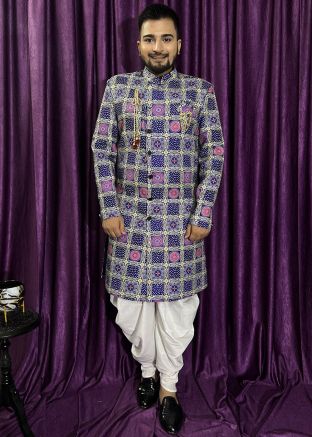 Blue Printed Indo Western Sherwani Set