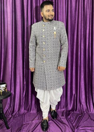 Grey Printed Indo Western Sherwani Set