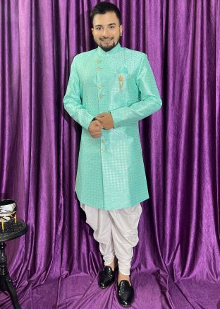 Turquoise Embroidered Indo Western Sherwani Set