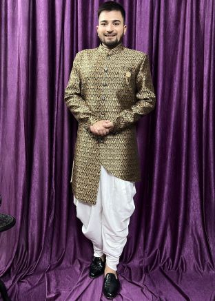 Black Asymmetric Woven Indo Western Sherwani Set