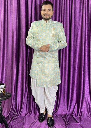 Blue Asymmetric Woven Indo Western Sherwani