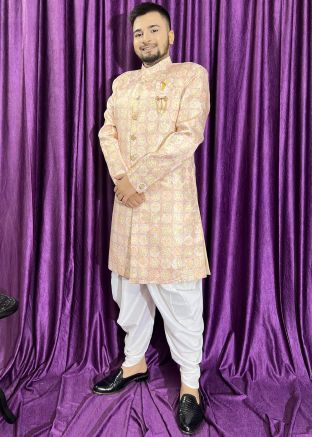 Peach Woven Indo Western Sherwani Set