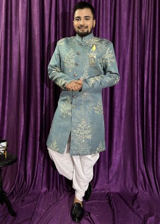 Blue Woven Indo Western Sherwani Set
