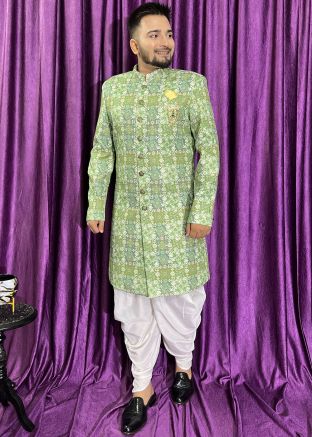 Green Printed Indo Western Sherwani Set