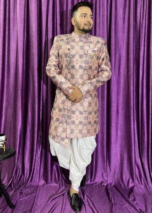 Pink Woven Indo Western Sherwani Set