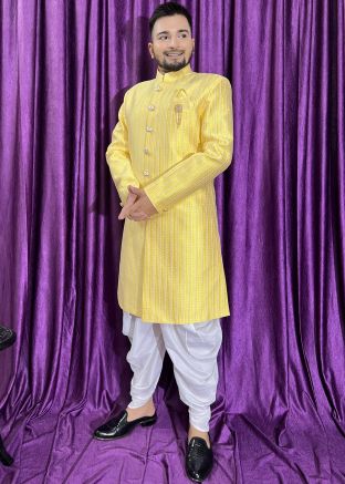 Yellow Woven Indo Western Sherwani Set
