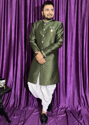 Green Woven Indo Western Sherwani Set